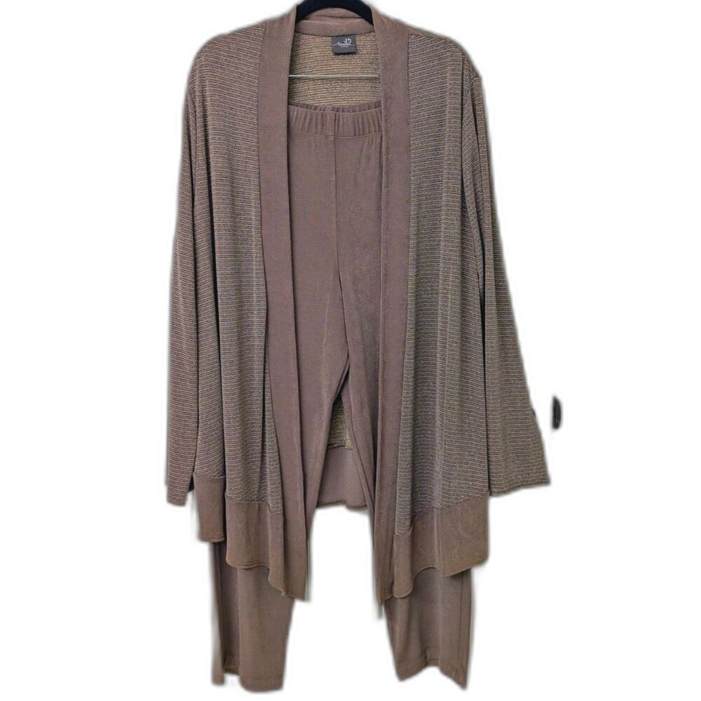 Travelers By Chico's Gold Metallic Brown Open-Front Cardigan Pant Set |SZ 2Short